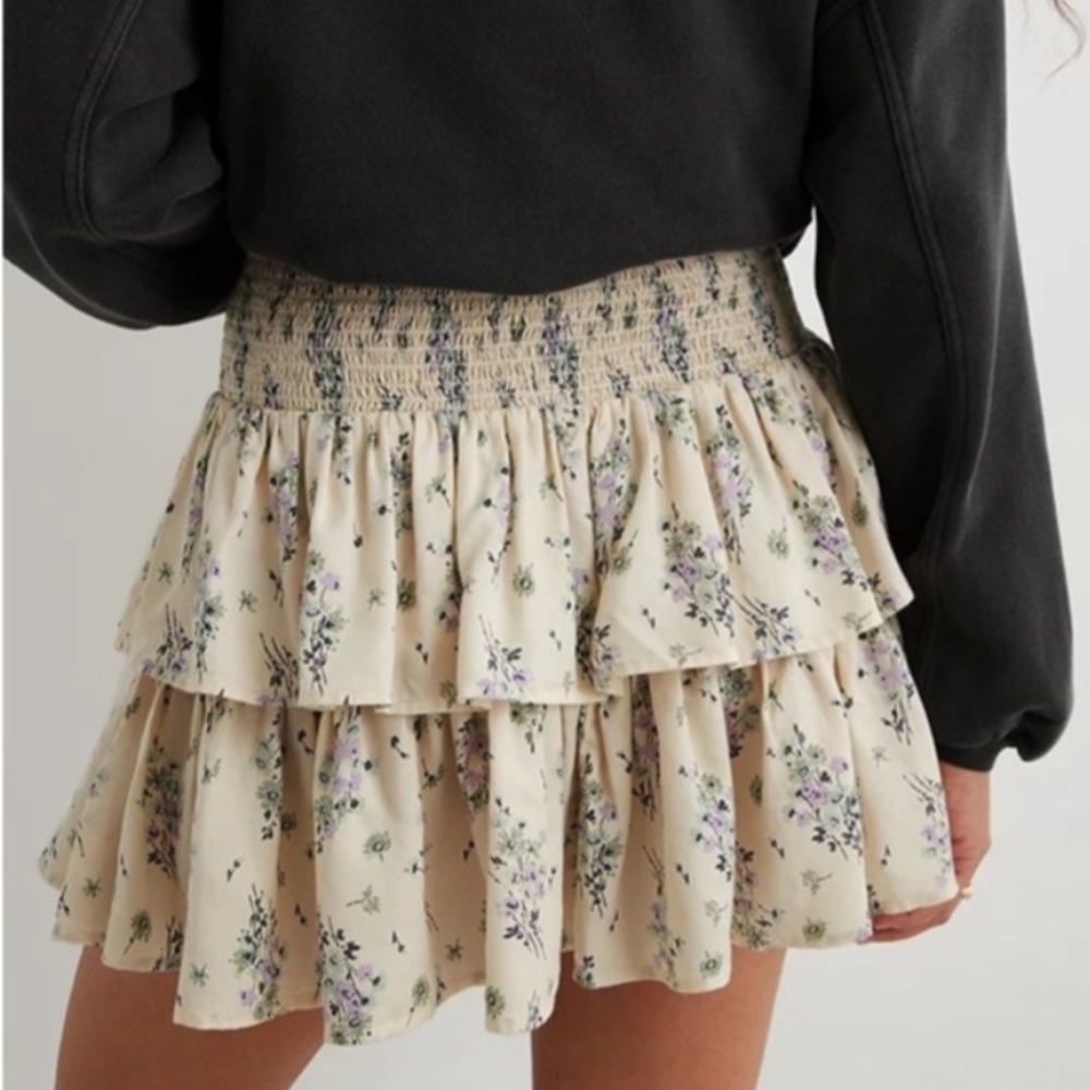 Aerie Floral Tiered Mini Skirt Cream Purple Green Size Medium